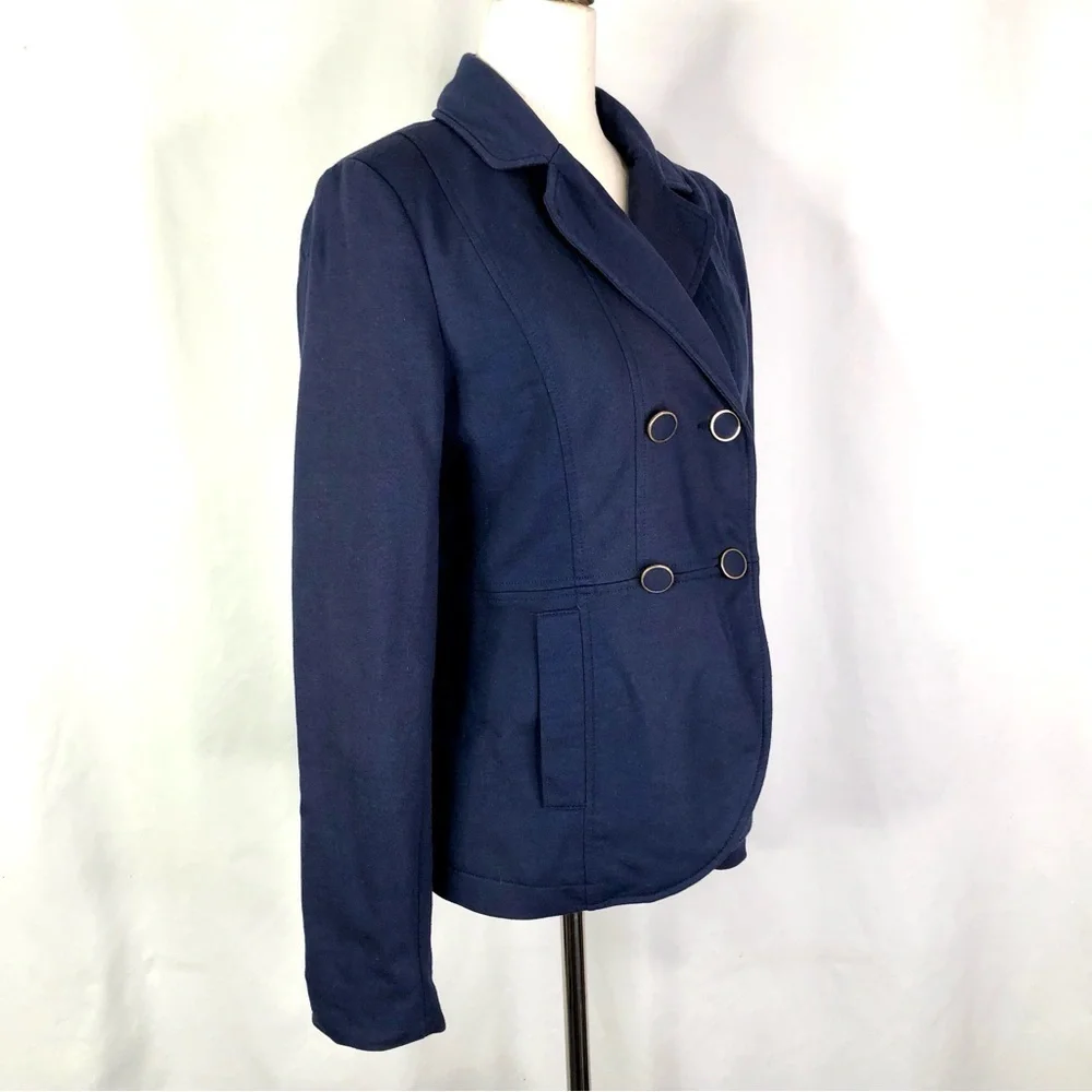 H&M navy blazer double breasted equestrian style jersey knit cotton poly 10